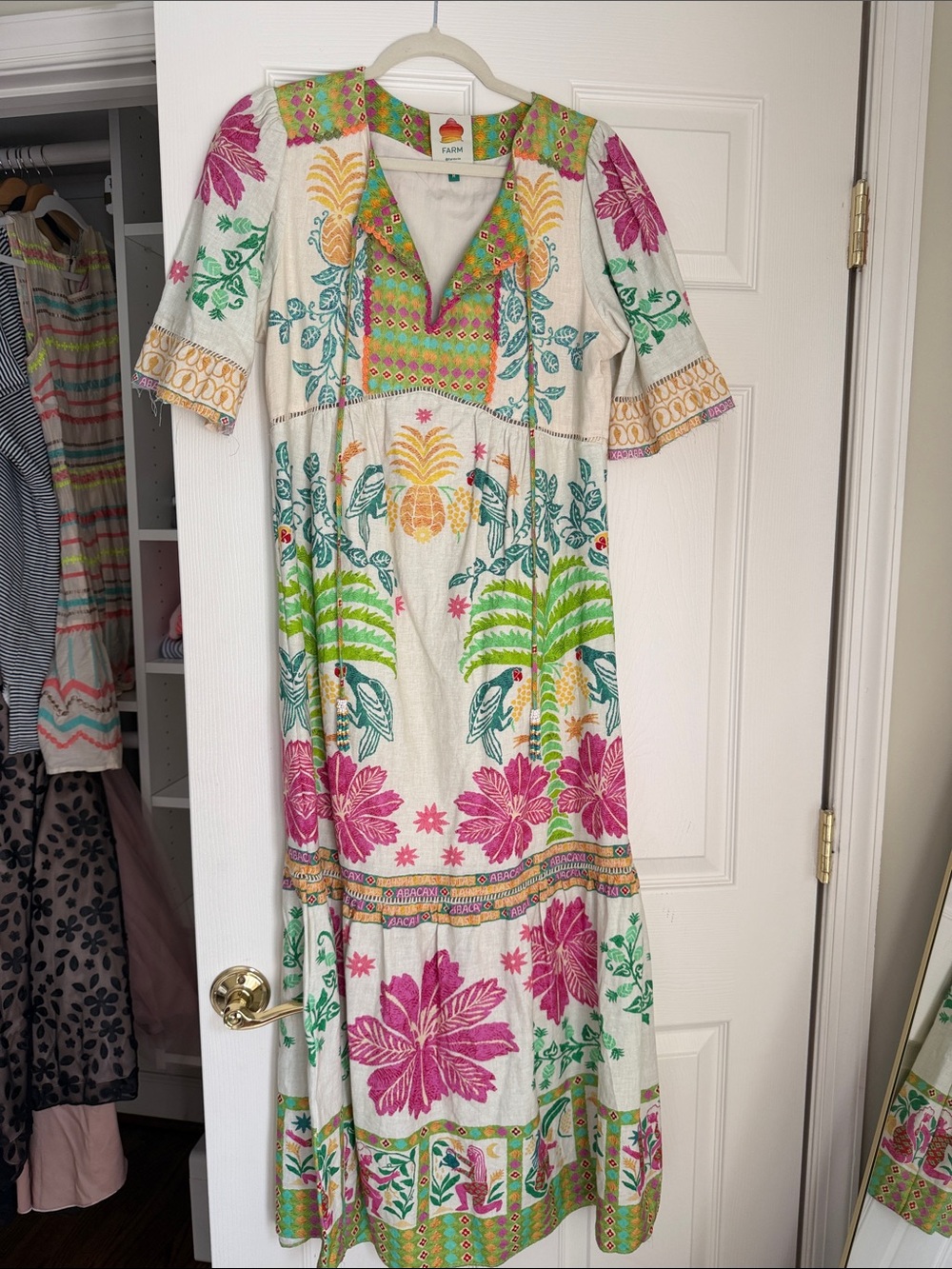 FARM Rio Cream Maxi Dress with Pink, Green & Yellow Floral Embroidery